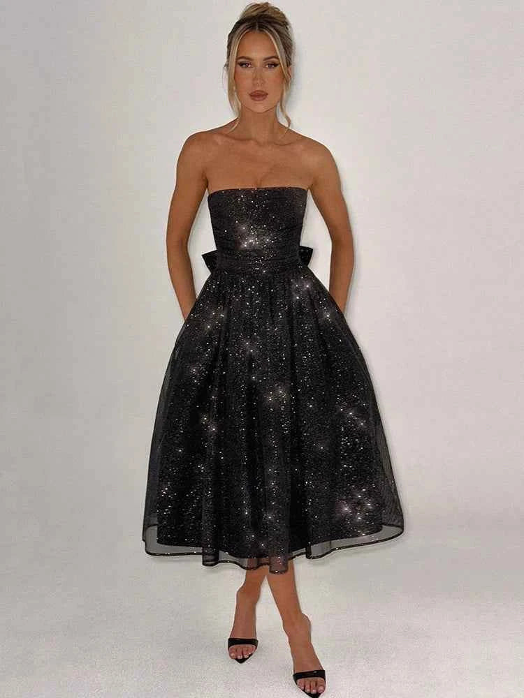 Off-shoulder Backless Bow Strapless Sleeveless A-line Loose Pleated Maxi Dress - Rown