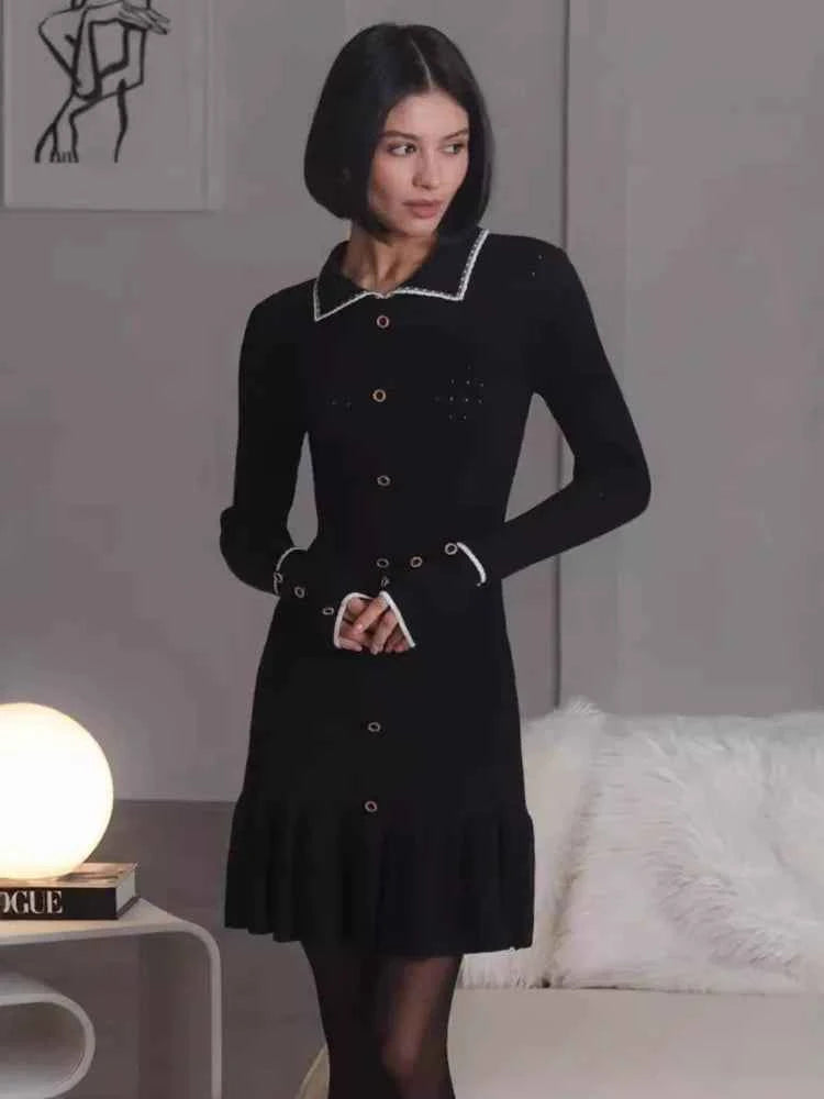 Long Sleeve Lapel Single-Breasted Button Ruffled Knit Mini Dress - Rown