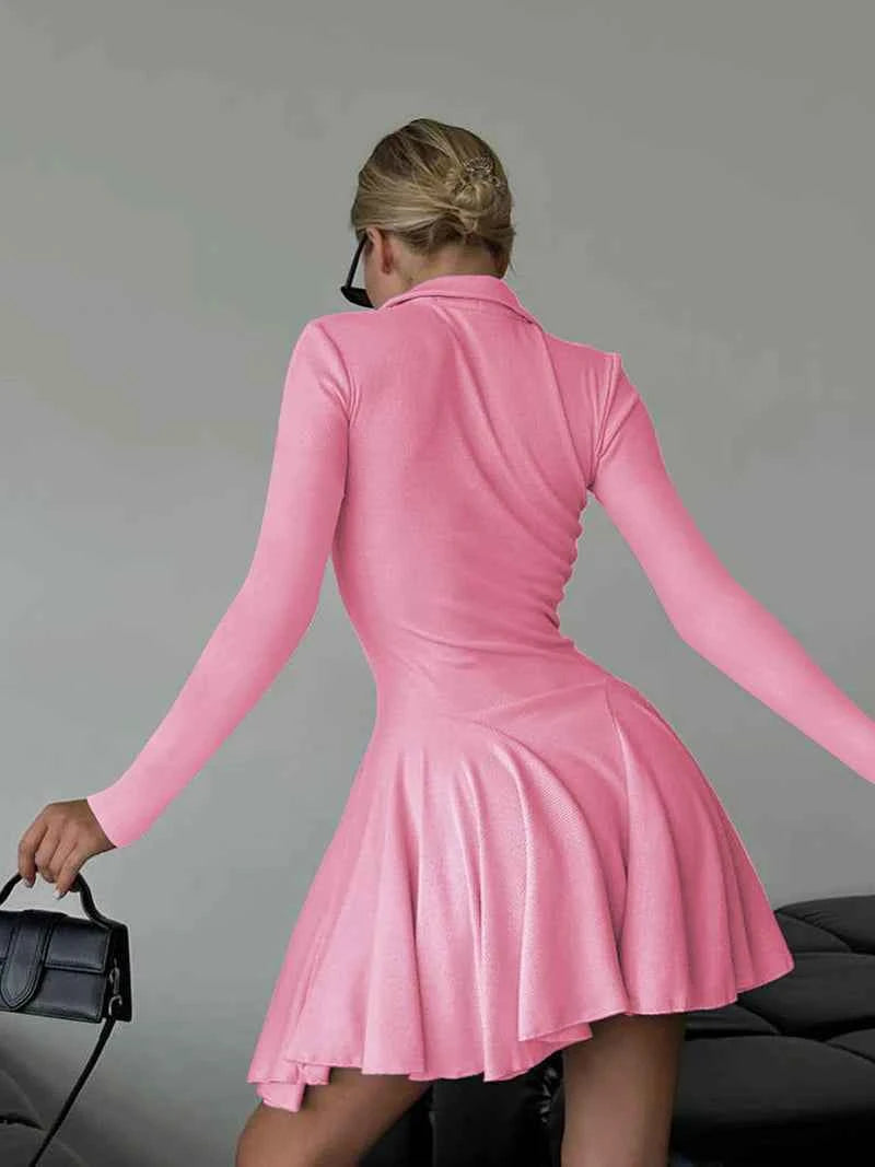 Long Sleeve Pleated Lapel High Waist Knitted Sweater Mini Dress - Rown