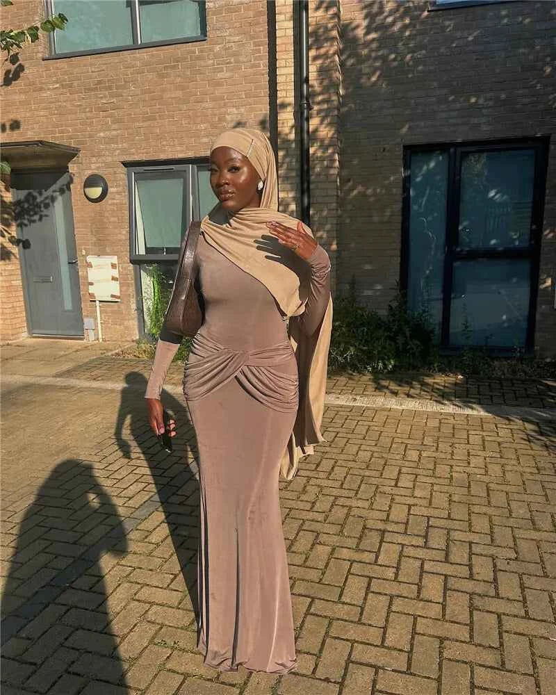 Diagonal Collar Long Sleeve Solid High Waist Ruched Bodycon Maxi Dress - Rown