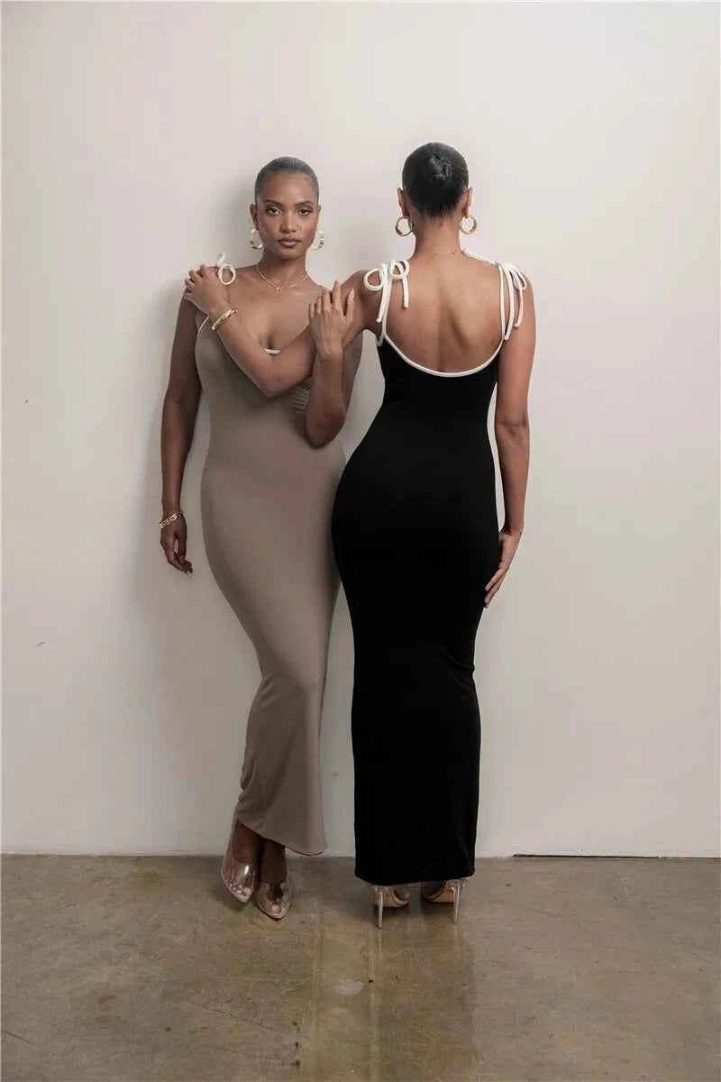 Spaghetti Strap Lace-up Sleeveless Backless Bodycon Evening Maxi Dress - Rown