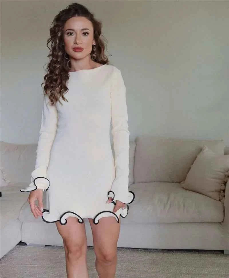 Long Sleeve Sweater Knit Pullovers O Neck Ruffled Mini Dress - Rown