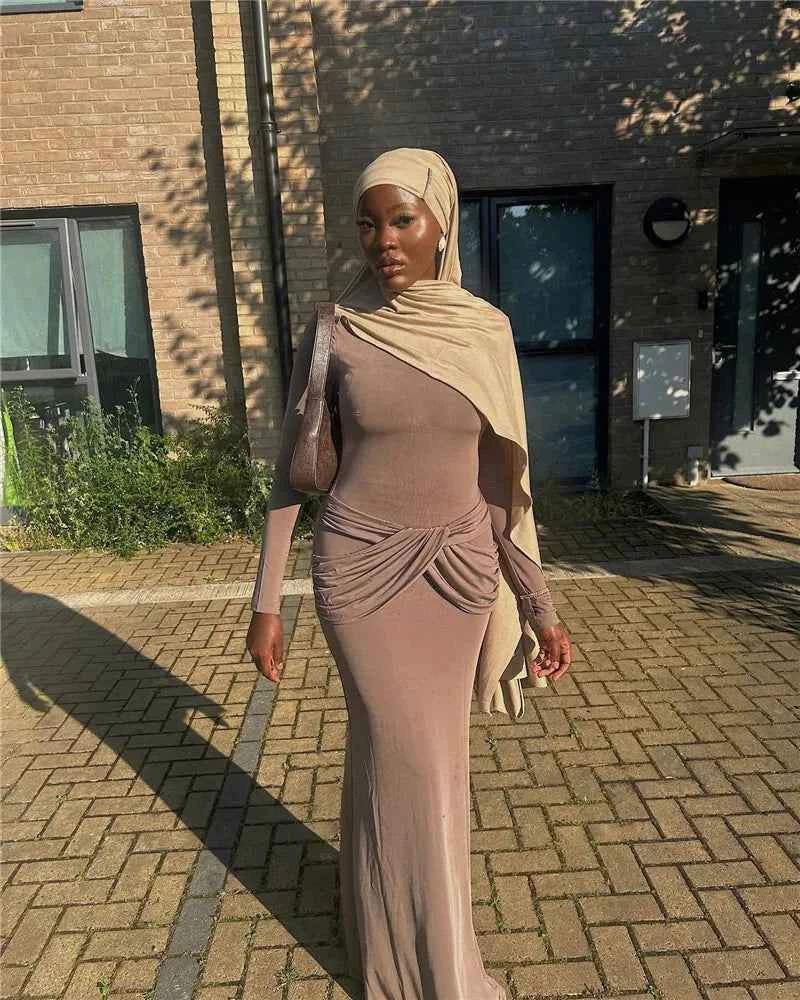 Diagonal Collar Long Sleeve Solid High Waist Ruched Bodycon Maxi Dress - Rown