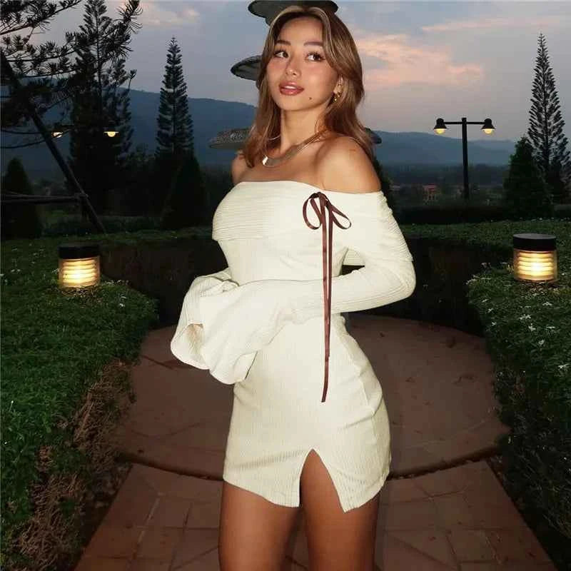 Lace-up Flare Long Sleeve Off-shoulder Backless Bodycon Mini Dress - Rown