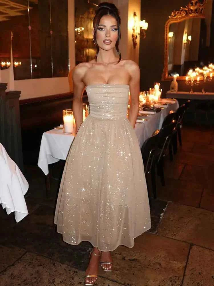 Off-shoulder Backless Bow Strapless Sleeveless A-line Loose Pleated Maxi Dress - Rown