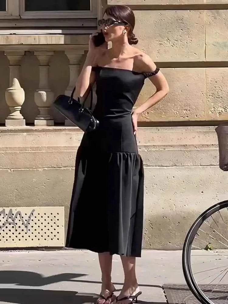 Elegant Sleeveless Solid Slash Neck Slim Fit Midi Dress - Rown