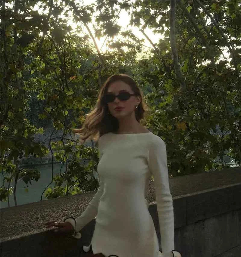 Long Sleeve Sweater Knit Pullovers O Neck Ruffled Mini Dress - Rown