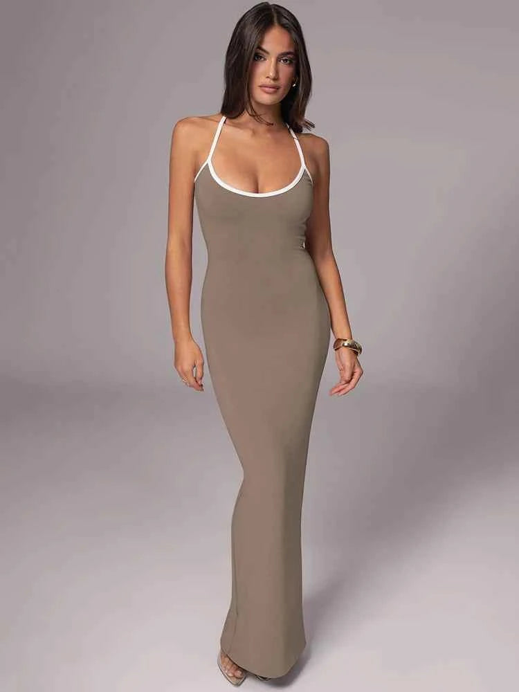 Spaghetti Strap Lace-up Sleeveless Backless Bodycon Evening Maxi Dress - Rown