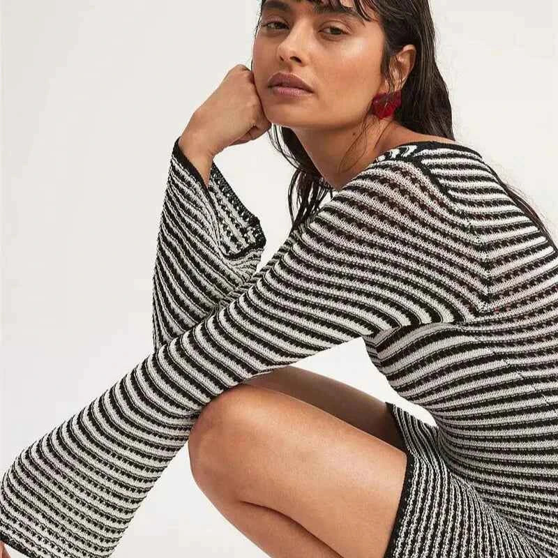 Striped Knit O Neck Long Sleeve High Waist Mini Dress - Rown
