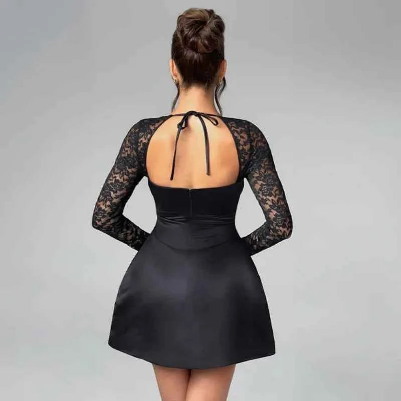 Long Sleeve Robe Square Collar Backless A-line High Waist Lace Mini Dress - Rown