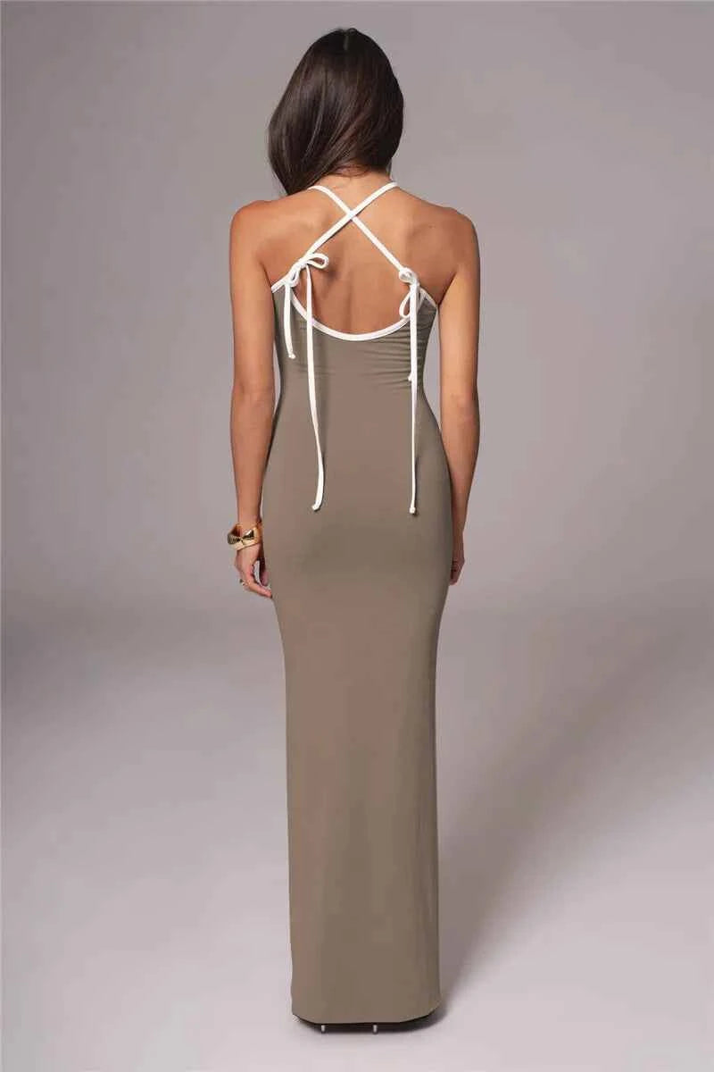 Spaghetti Strap Lace-up Sleeveless Backless Bodycon Evening Maxi Dress - Rown