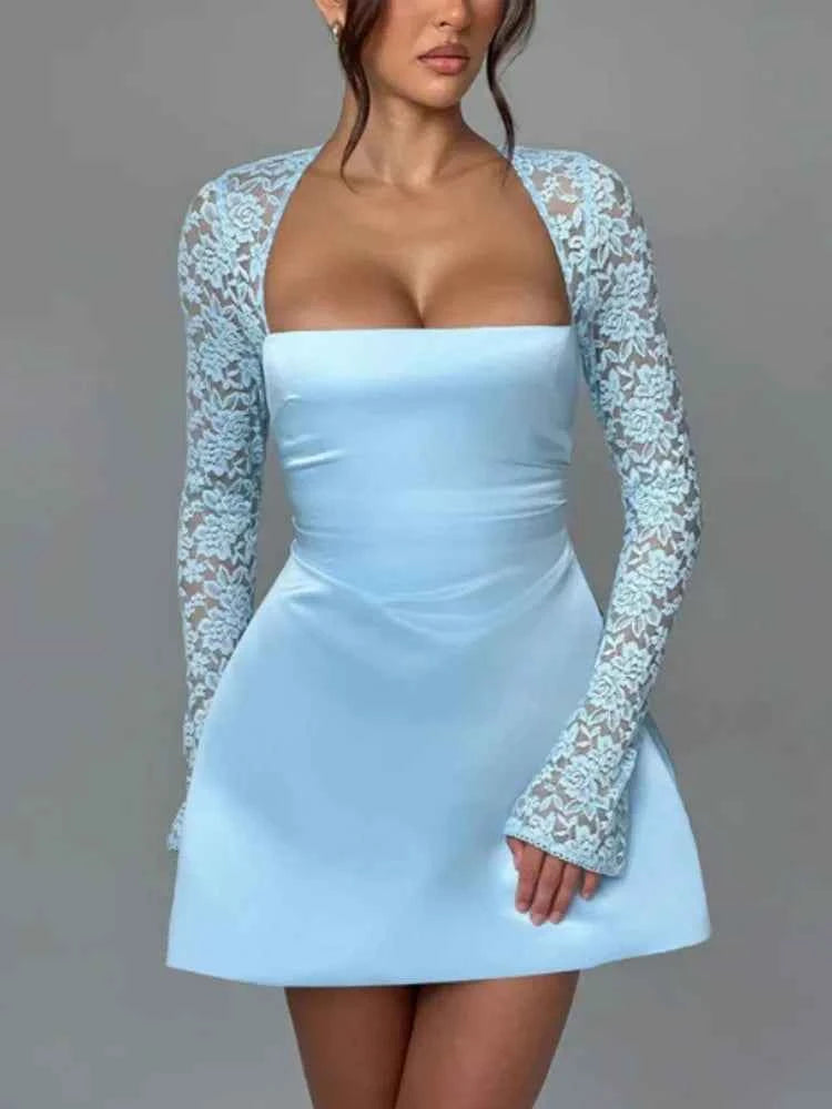 Long Sleeve Robe Square Collar Backless A-line High Waist Lace Mini Dress - Rown