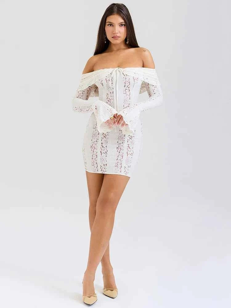 Off-shoulder Lace White Strapless Long Sleeve Backless Mini Dress
