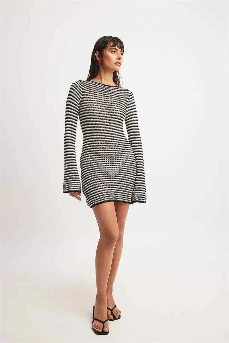 Striped Knit O Neck Long Sleeve High Waist Mini Dress - Rown