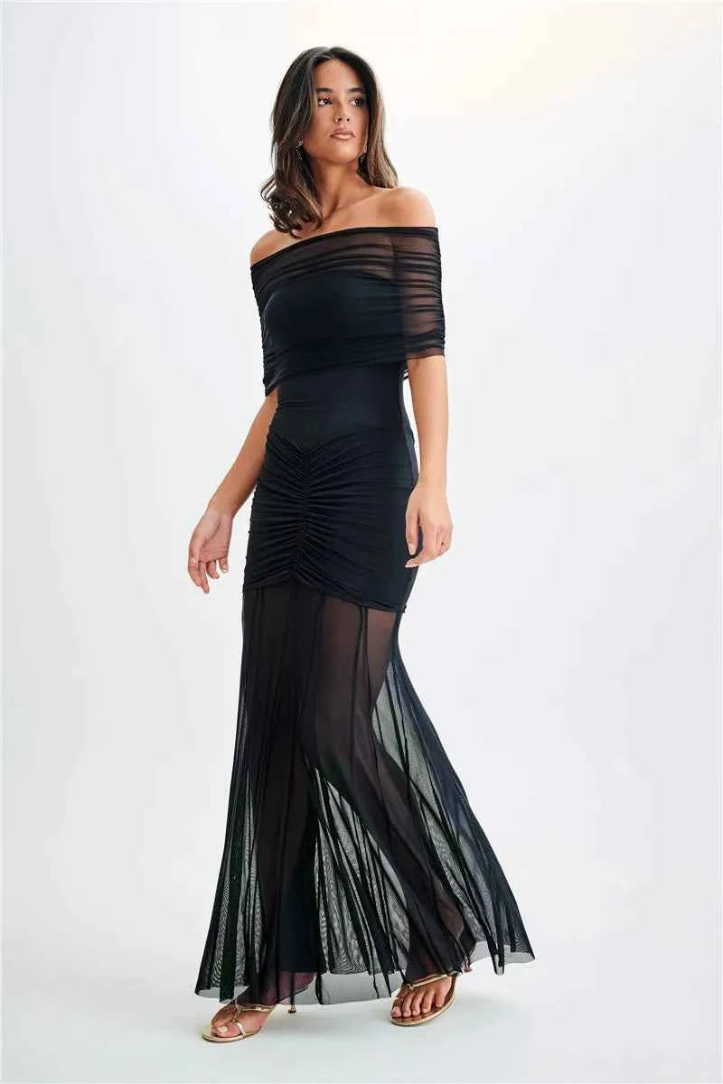Off-shoulder Backless Mesh Strapless Sleeveless Maxi Dress - Rown