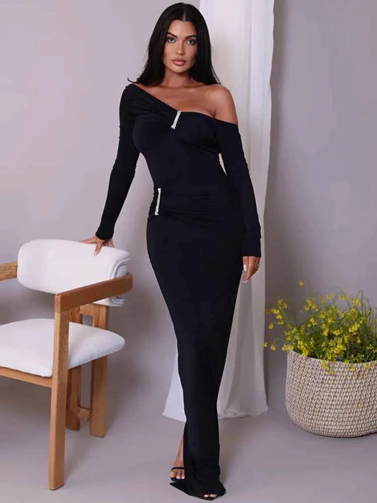 Diagonal Collar Long Sleeve Sparkle Backless Ruched Maxi Dress