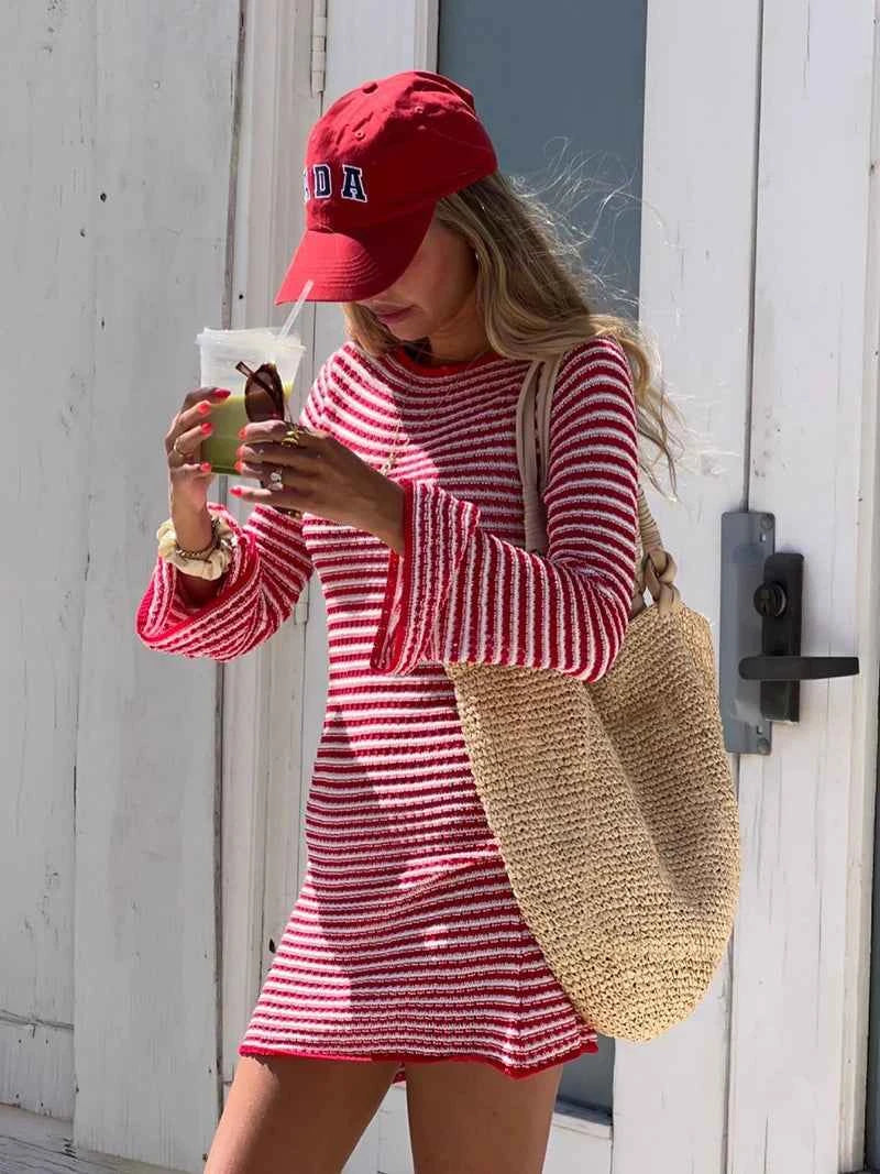 Striped Knit O Neck Long Sleeve High Waist Mini Dress - Rown