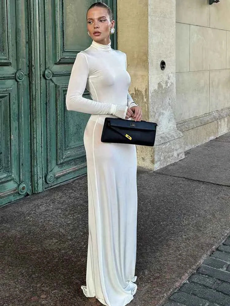 Elegant Turtleneck Long Sleeve Solid Floor-length Maxi Dress - Rown