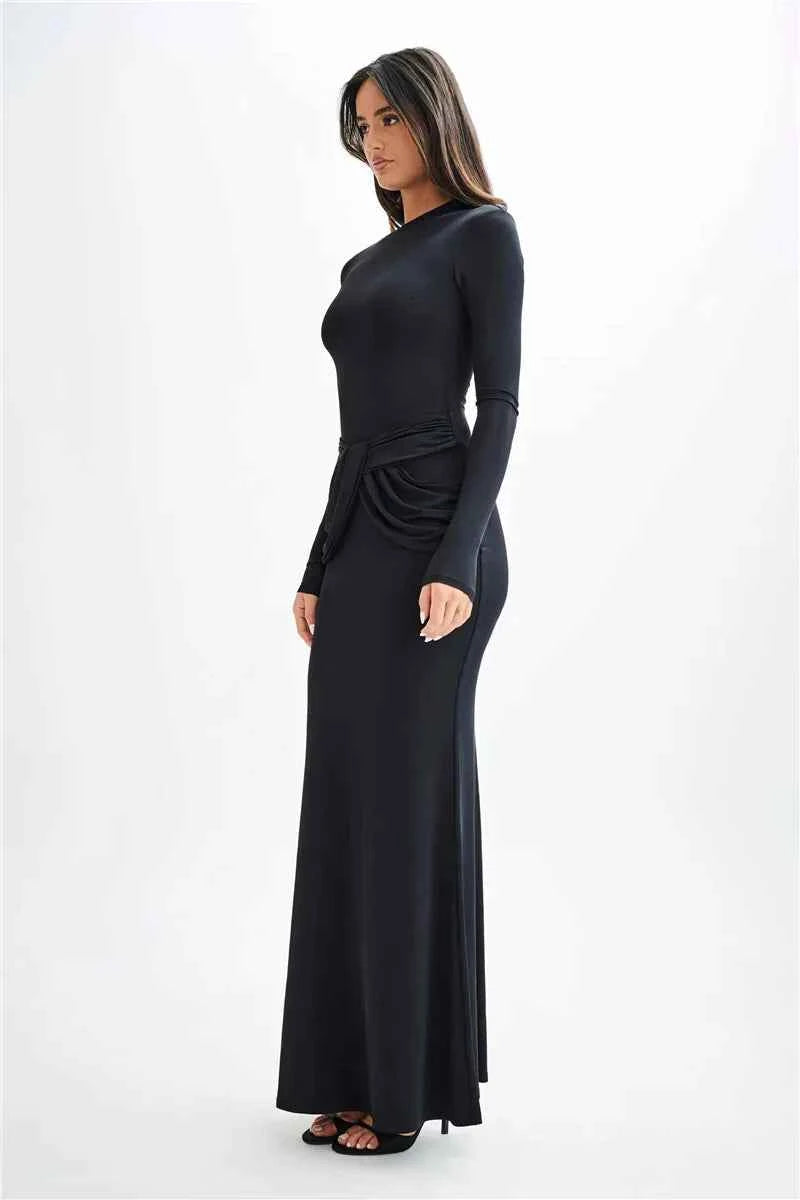 Diagonal Collar Long Sleeve Solid High Waist Ruched Bodycon Maxi Dress - Rown