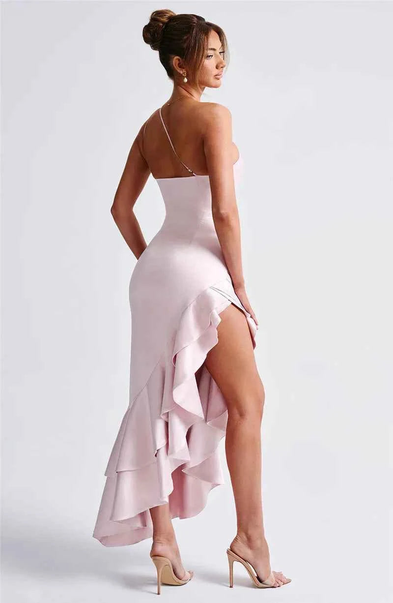 Elegant Ruffled High Split Diagonal Collar Sleeveless Backless Evening Maxi Dress