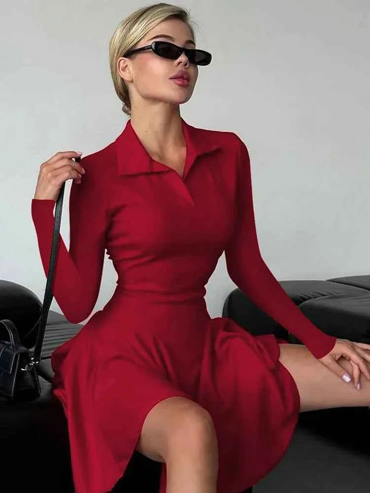Long Sleeve Pleated Lapel High Waist Knitted Sweater Mini Dress - Rown