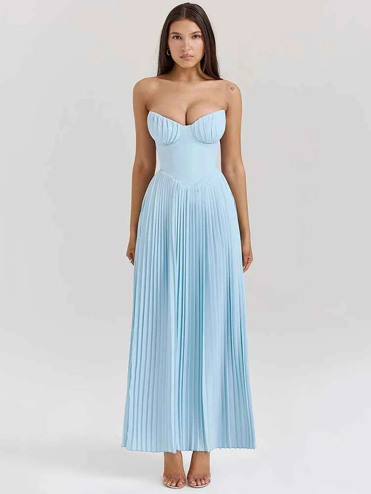 Off-shoulder Backless Pleated Strapless Sleeveless High Waist Maxi Dress - Rown