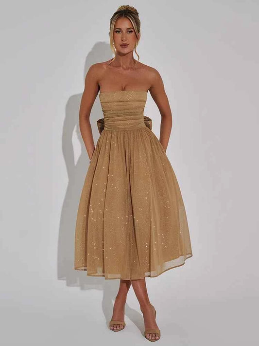 Off-shoulder Backless Bow Strapless Sleeveless A-line Loose Pleated Maxi Dress - Rown