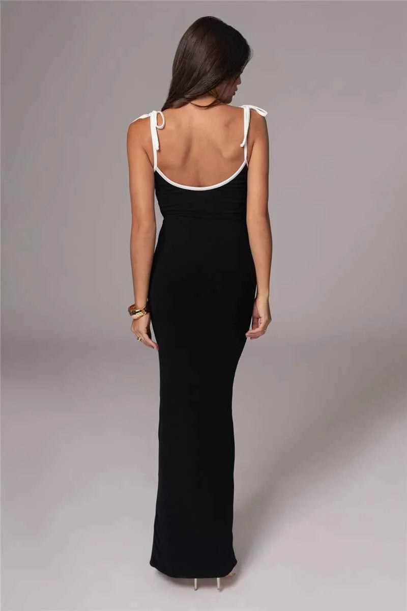Spaghetti Strap Lace-up Sleeveless Backless Bodycon Evening Maxi Dress - Rown