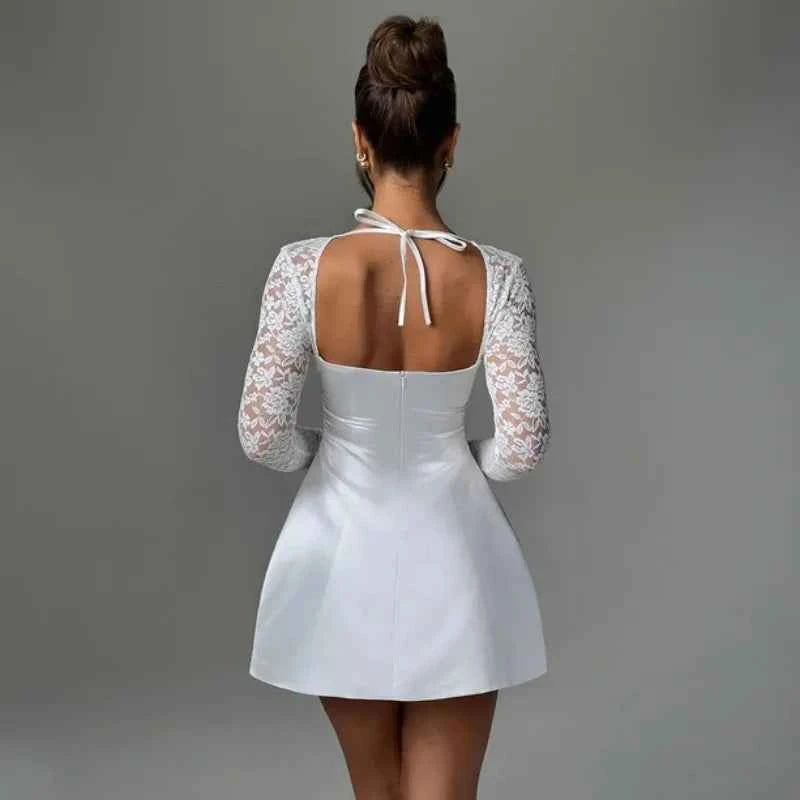 Long Sleeve Robe Square Collar Backless A-line High Waist Lace Mini Dress - Rown