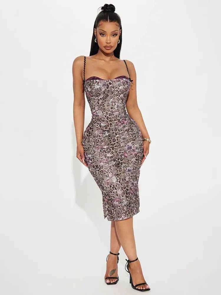 Leopard Print Spaghetti Strap Sleeveless Backless Bodycon Slit Midi Dress - Rown