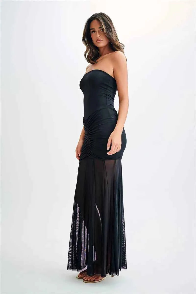Off-shoulder Backless Mesh Strapless Sleeveless Maxi Dress - Rown