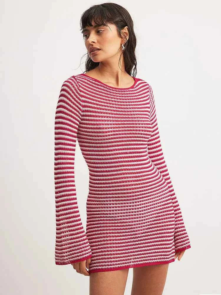 Striped Knit O Neck Long Sleeve High Waist Mini Dress - Rown
