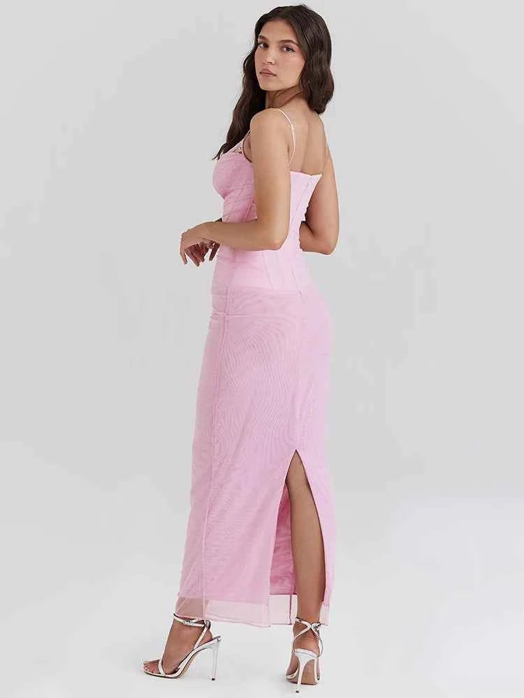 Mesh Purple Fishbone Spaghetti Strap Sleeveless Backless Maxi Dress