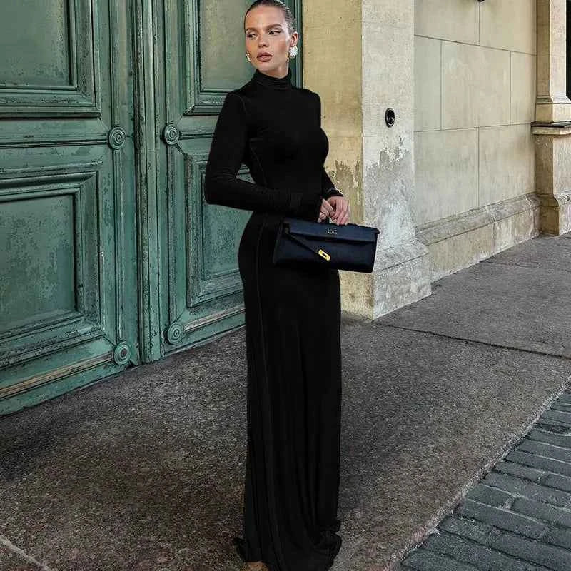 Elegant Turtleneck Long Sleeve Solid Floor-length Maxi Dress - Rown