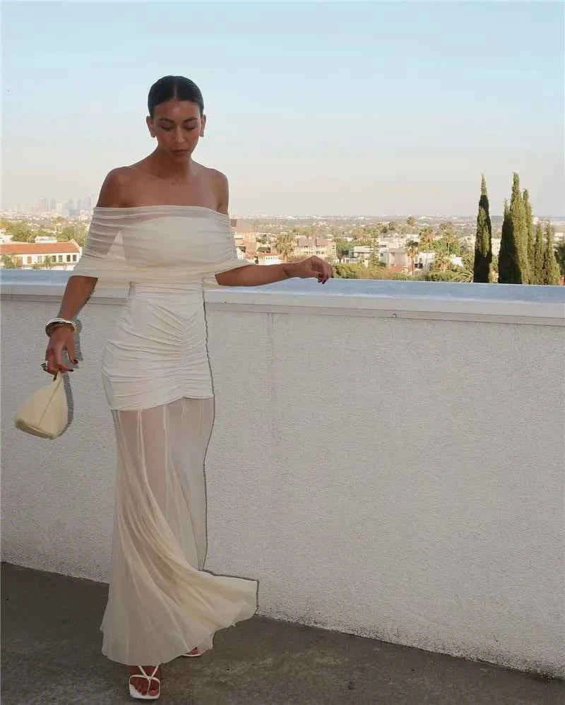 Off-shoulder Backless Mesh Strapless Sleeveless Maxi Dress - Rown