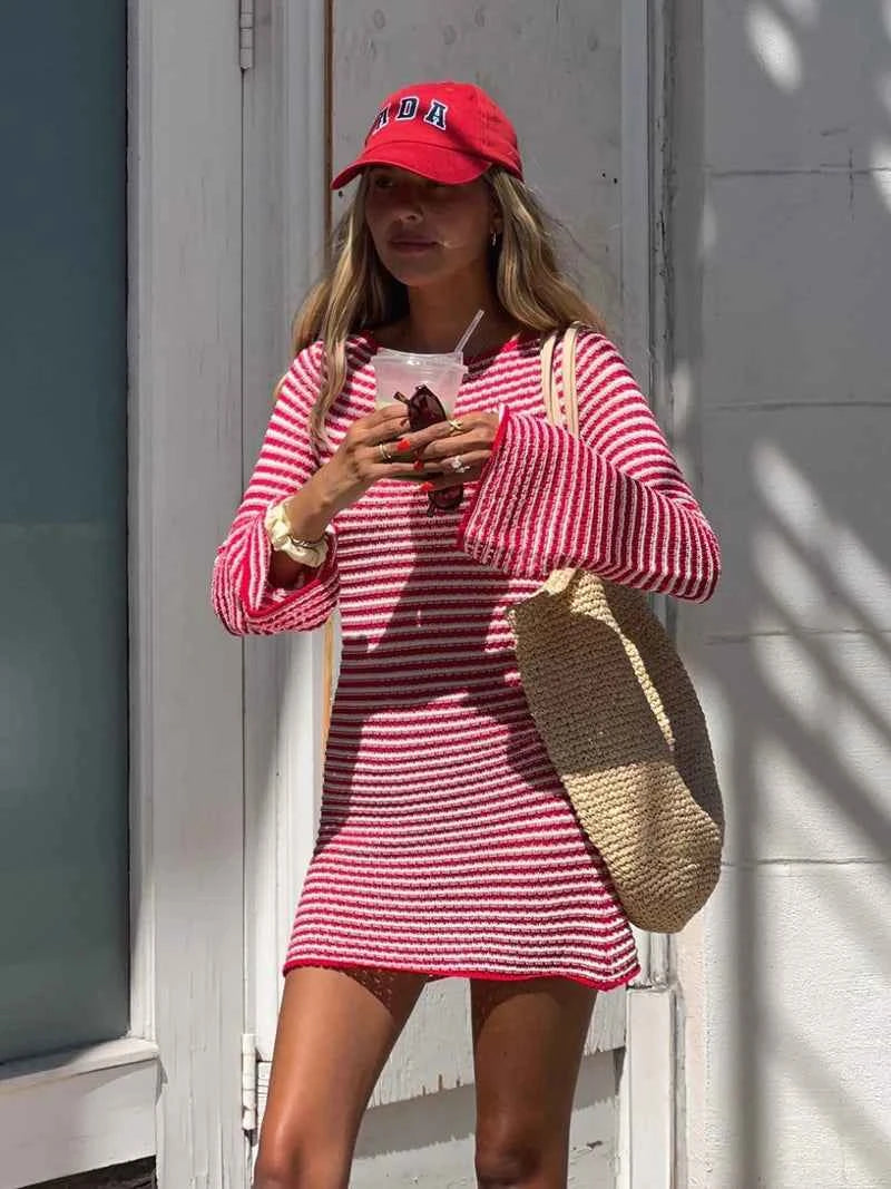 Striped Knit O Neck Long Sleeve High Waist Mini Dress - Rown