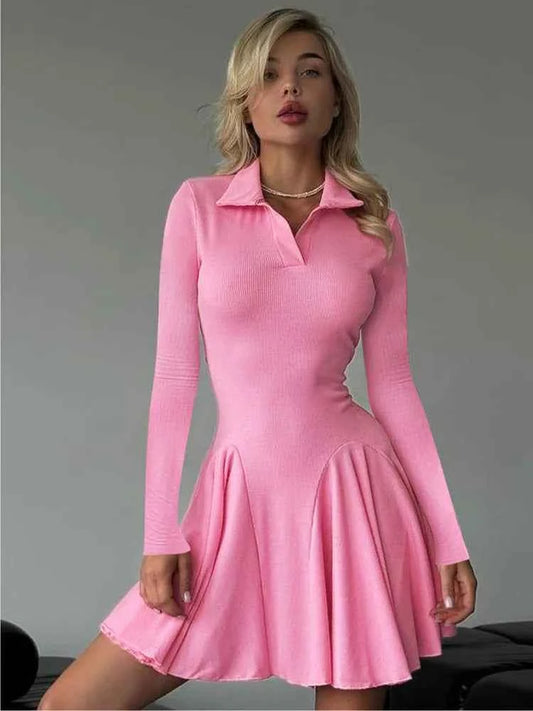 Long Sleeve Pleated Lapel High Waist Knitted Sweater Mini Dress - Rown