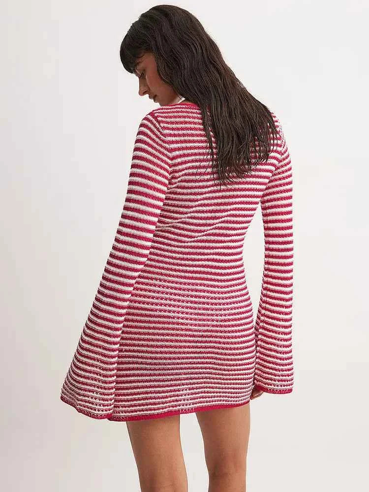 Striped Knit O Neck Long Sleeve High Waist Mini Dress - Rown