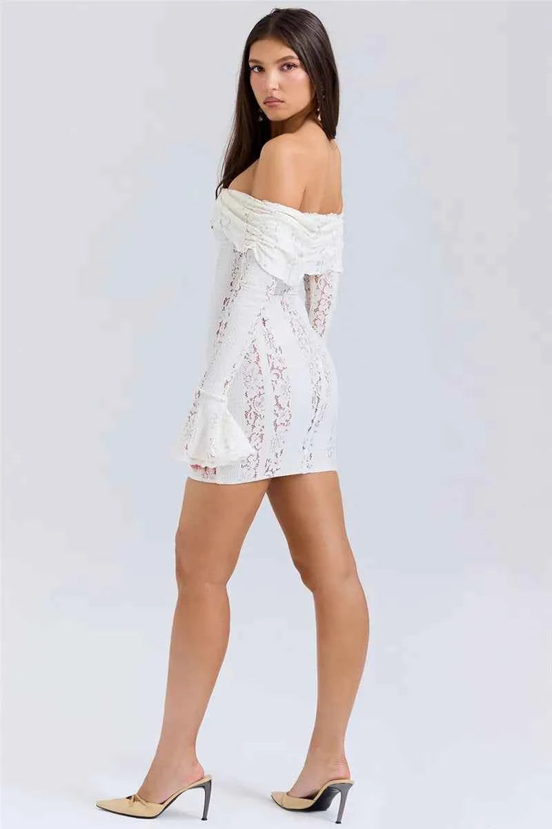 Off-shoulder Lace White Strapless Long Sleeve Backless Mini Dress
