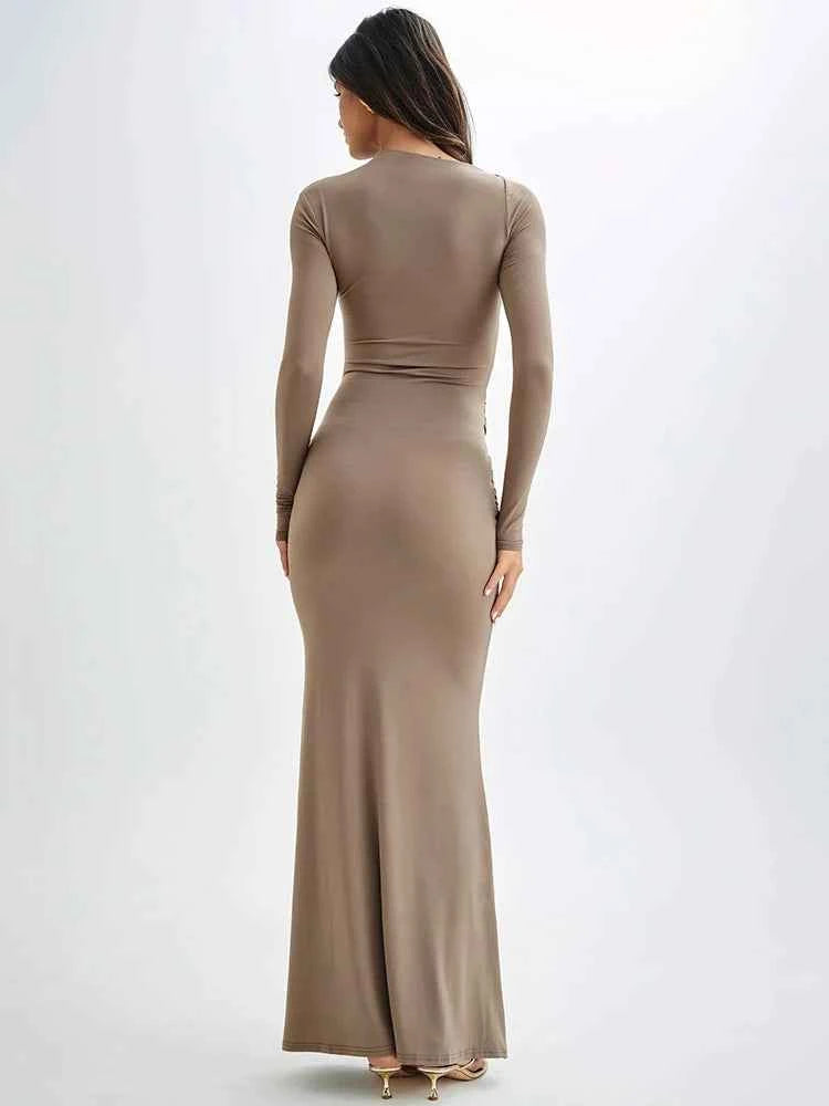 Diagonal Collar Long Sleeve Solid High Waist Ruched Bodycon Maxi Dress - Rown