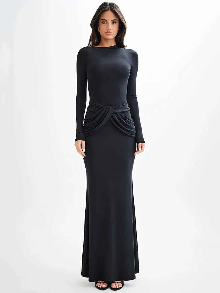 Diagonal Collar Long Sleeve Solid High Waist Ruched Bodycon Maxi Dress - Rown