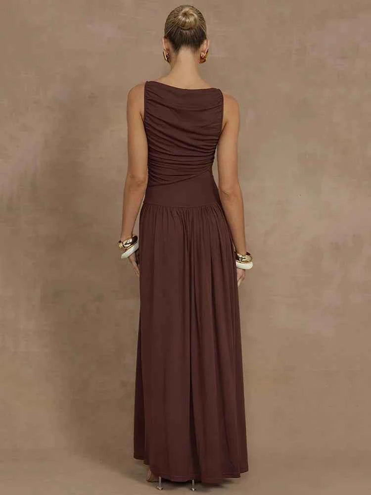 Elegant Sleeveless Solid Boat Neck Tank Ruched Maxi Dress