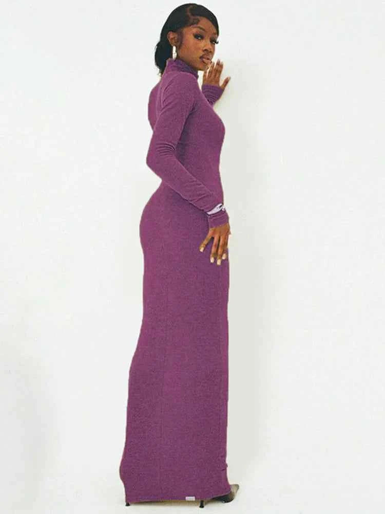 Elegant Turtleneck Long Sleeve Solid Slim Fit High Waist Maxi Dress - Rown