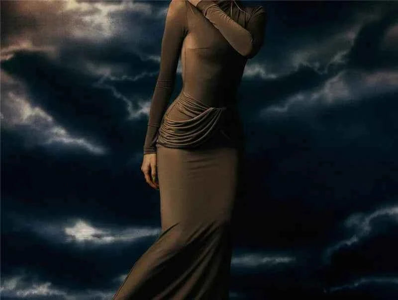 Diagonal Collar Long Sleeve Solid High Waist Ruched Bodycon Maxi Dress - Rown