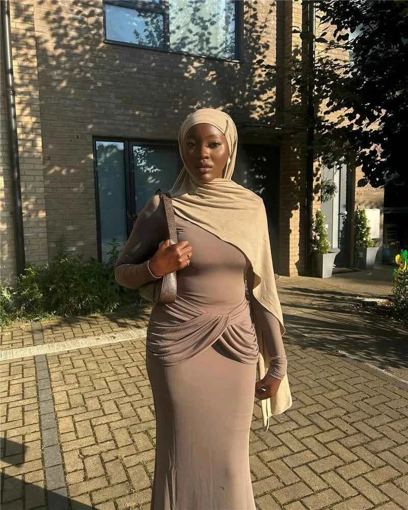 Diagonal Collar Long Sleeve Solid High Waist Ruched Bodycon Maxi Dress - Rown