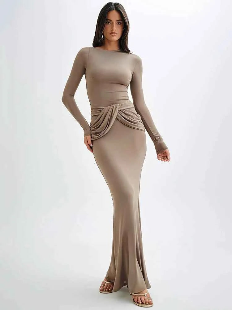 Diagonal Collar Long Sleeve Solid High Waist Ruched Bodycon Maxi Dress - Rown