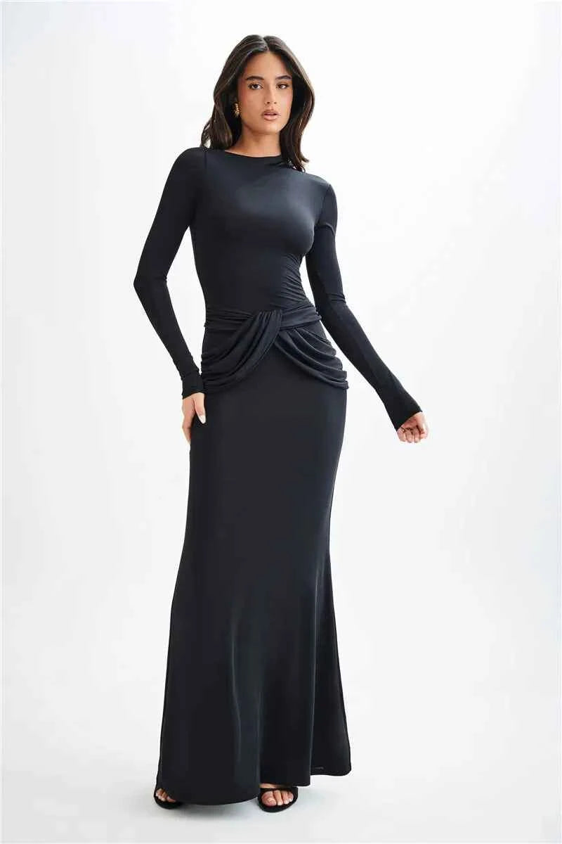 Diagonal Collar Long Sleeve Solid High Waist Ruched Bodycon Maxi Dress - Rown