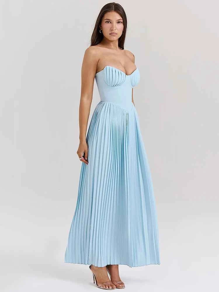 Off-shoulder Backless Pleated Strapless Sleeveless High Waist Maxi Dress - Rown