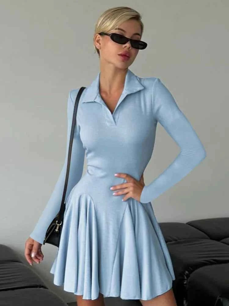 Long Sleeve Pleated Lapel High Waist Knitted Sweater Mini Dress - Rown