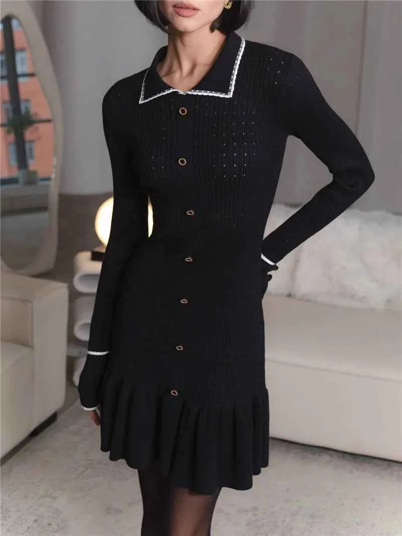 Long Sleeve Lapel Single-Breasted Button Ruffled Knit Mini Dress - Rown